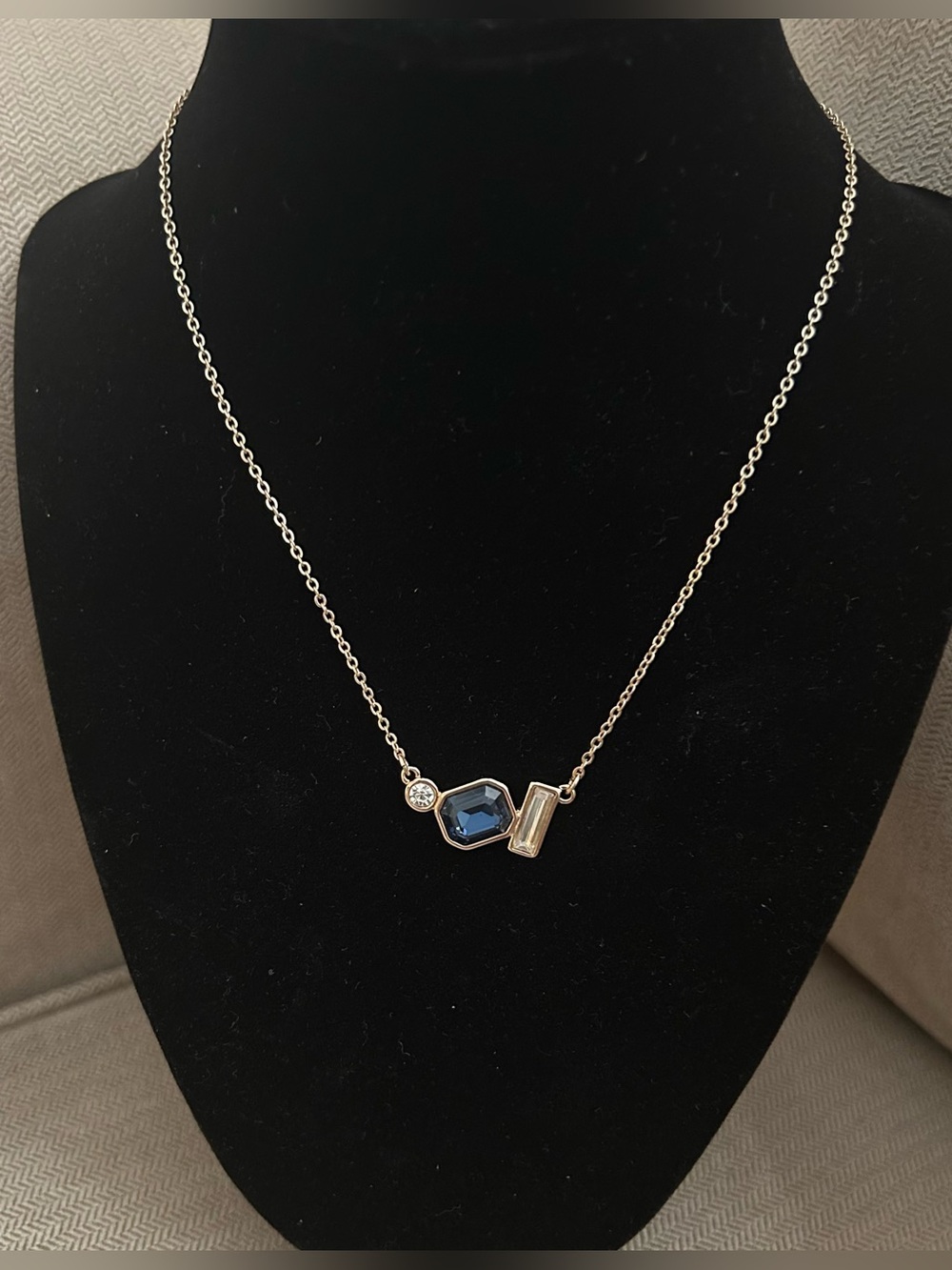 Gold Chain Necklace with Blue and Clear Inset Gemstones